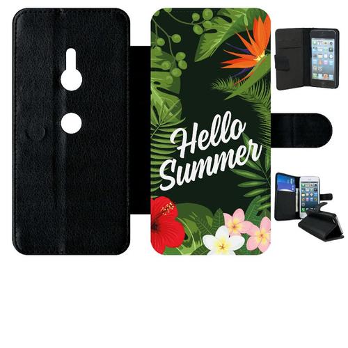 Etui A Rabat - Hello Summer Tropical Fond Vert - Compatible Avec Sony Xperia Xz3 - Plastique - Bord Noir