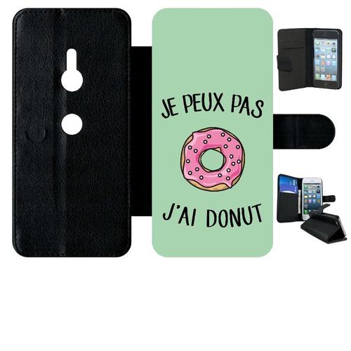 Etui A Rabat - Je Peux Pas J Ai Donut Rose Fond Vert Pastel - Compatible Avec Sony Xperia Xz3 - Simili-Cuir - Bord Noir
