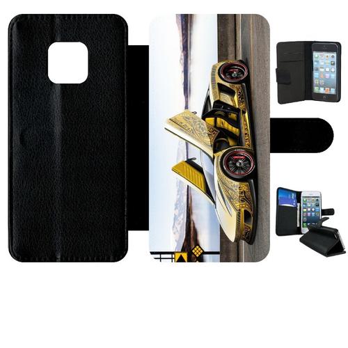 Etui A Rabat - Tuning Voiture Jaune - Compatible Avec Huawei Mate 20 Pro - Simili-Cuir - Bord Noir