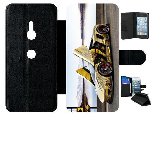 Etui A Rabat - Tuning Voiture Jaune - Compatible Avec Sony Xperia Xz3 - Simili-Cuir - Bord Noir