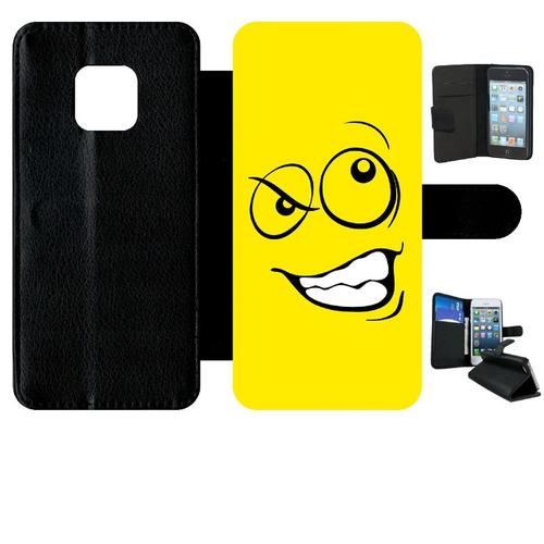 Etui A Rabat - Smiley Énervé Jaune - Compatible Avec Huawei Mate 20 Pro - Plastique - Bord Noir