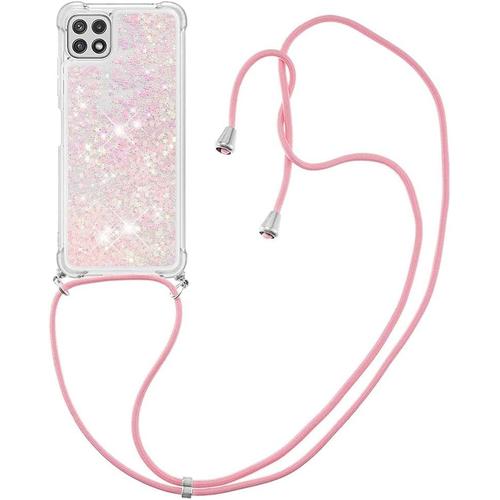 Coque Compatible Avec Samsung Galaxy A22 5g Bling Liquide Paillette Silicone Etui Housse Avec Cordage Lanyard Protecteur Case Pour Samsung Galaxy A22 5g. Star Pink Gs