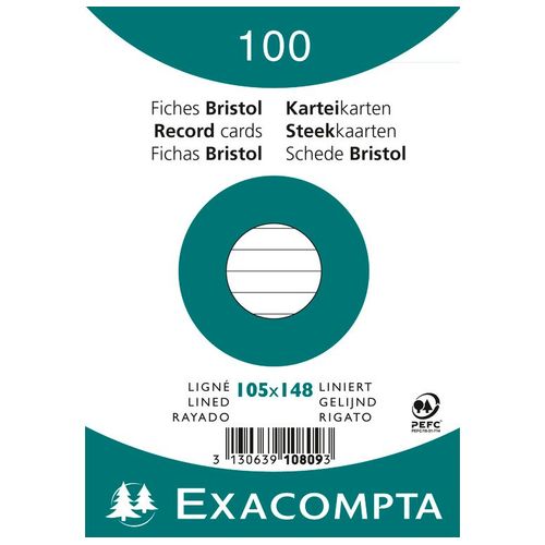 Exacompta Paquet De 100 Fiches Bristol A6 Blanc Ligné. S/S Film