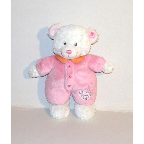 Doudou Ours Blanc Rose Brodé Fleur Oiseau Peluche Ourson Tex Baby Cmi Tout Doux