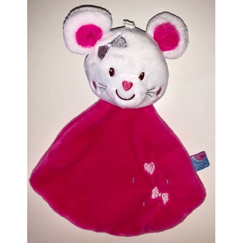 Doudou Souris Rose Fuchsia Blanc Sucre D¿Orge Noeud C¿Ur Brodés Peluche Naissance Bébé