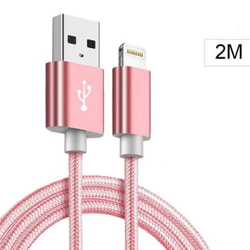 Cable Metal Nylon Renforce Chargeur Usb Couleur Rose Pour Iphone Longueur 2m Tres Compatible Iphone 5s/6/6s/7/8/X/Xr Couleur