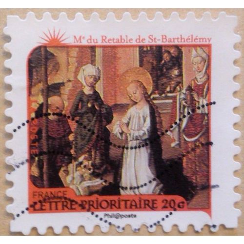 Timbre Oblitéré Nativité "Adoration De L'enfant De Maïtre Du Retable"