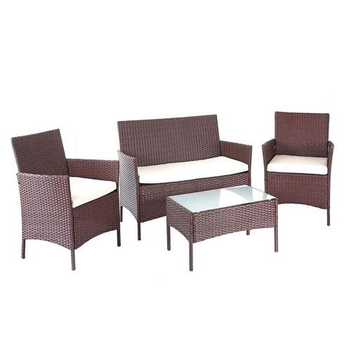 Salon De Jardin Avec Fauteuils Banc Et Table En Poly-Rotin Marron Et Coussin Crème Mdj04146