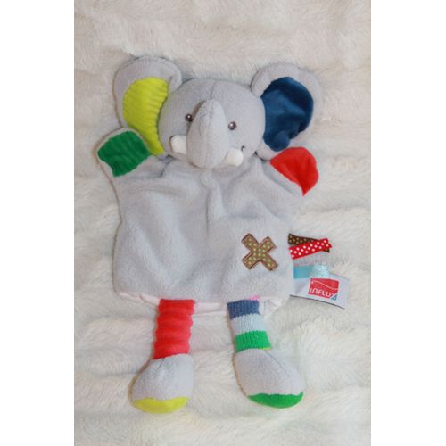 doudou influx éléphant marionnette gris rouge bleu vert