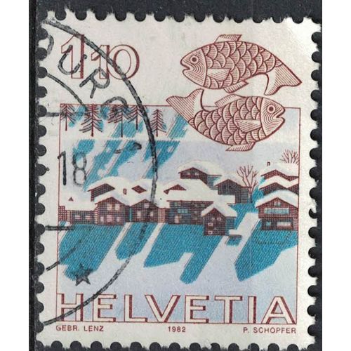 Suisse 1982 Oblitéré Used Signe Zodiaque Poissons Village De Nax Près De Sion