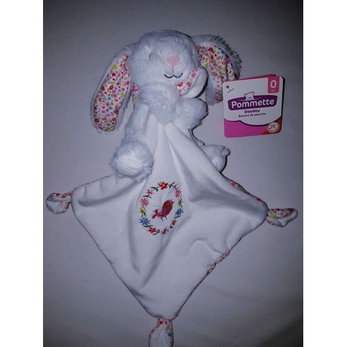 Doudou Lapin Blanc Mouchoir Liberty Fleuri Oiseau Rose Peluche Naissance Jouet Bebe Lapinou Fourrure Blanche