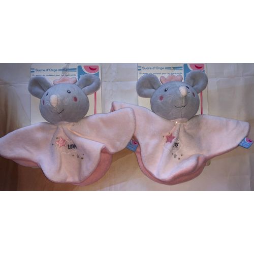 Doudou Lot De Deux Souris Princesse Sucre D'orge Rose Gris Peluches Jouets Bebe Love