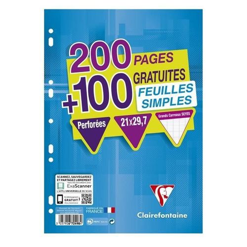 Feuilles Simples Perforees 300 Pages Seyes - 90 G - Blanc - 21 X 29.7 Cm