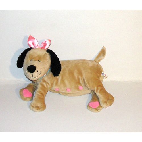 Chien Manhattan Toy Peluche Doudou Maman Chien Beige Noir Noeud Papillon Rose 28 Cm