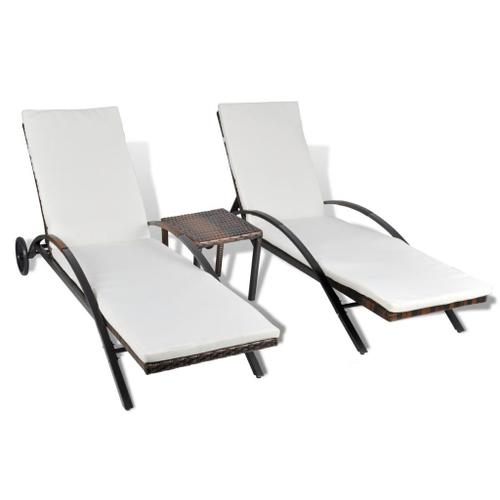 Jeu De Chaise Longue 3 Pcs Avec Table Marron Résine Tressée