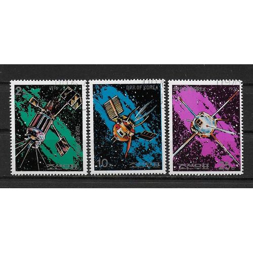 Coree Du Nord 1976 : Vols Dans L'espace : Sonde Spatiale/Satellite De Télécommunications/Satellite Spoutnik - Série De 3 Timbres Oblitérés