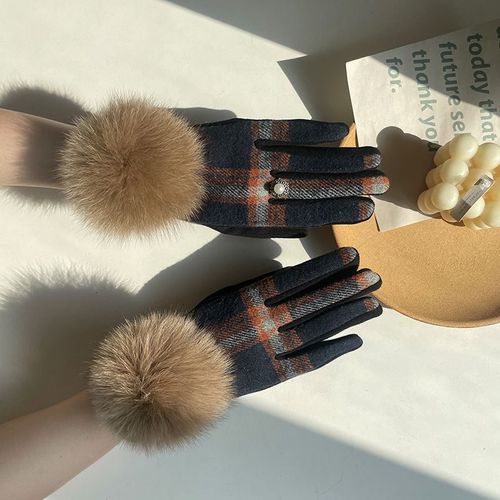 Gants En Cachemire Pour Femmes À Écran Tactile Fourrure De Renard Boule Plaid Laine Gants De Conduite Mitaines S2267
