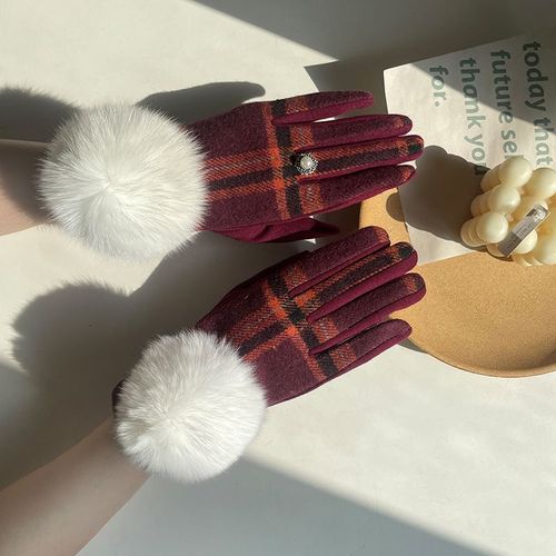 Gants En Cachemire Pour Femmes À Écran Tactile Fourrure De Renard Boule Plaid Laine Gants De Conduite Mitaines S2267