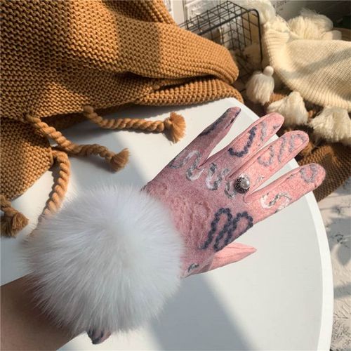 Gants En Cachemire Pour Femmes À Écran Tactile Fourrure De Renard Boule Plaid Laine Gants De Conduite Mitaines S2267