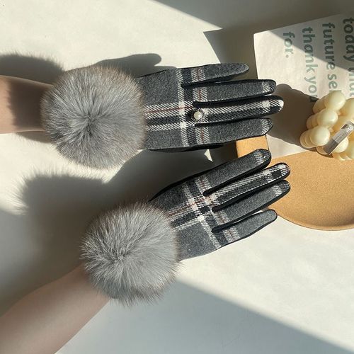 Gants En Cachemire Pour Femmes À Écran Tactile Fourrure De Renard Boule Plaid Laine Gants De Conduite Mitaines S2267