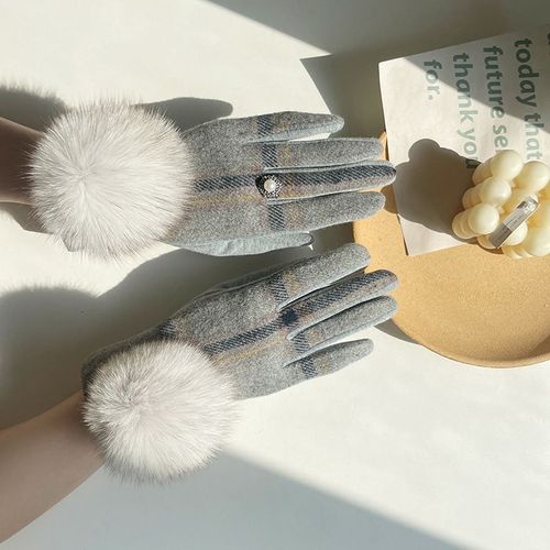 Gants En Cachemire Pour Femmes À Écran Tactile Fourrure De Renard Boule Plaid Laine Gants De Conduite Mitaines S2267