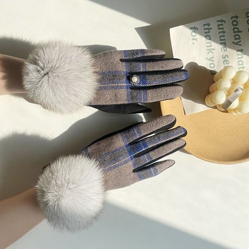 Gants En Cachemire Pour Femmes À Écran Tactile Fourrure De Renard Boule Plaid Laine Gants De Conduite Mitaines S2267