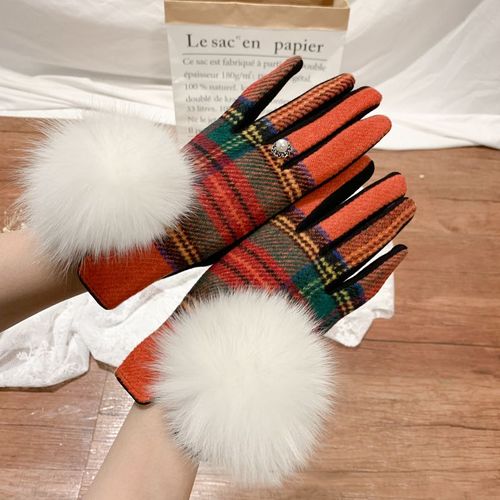 Gants En Cachemire Pour Femmes À Écran Tactile Fourrure De Renard Boule Plaid Laine Gants De Conduite Mitaines S2267