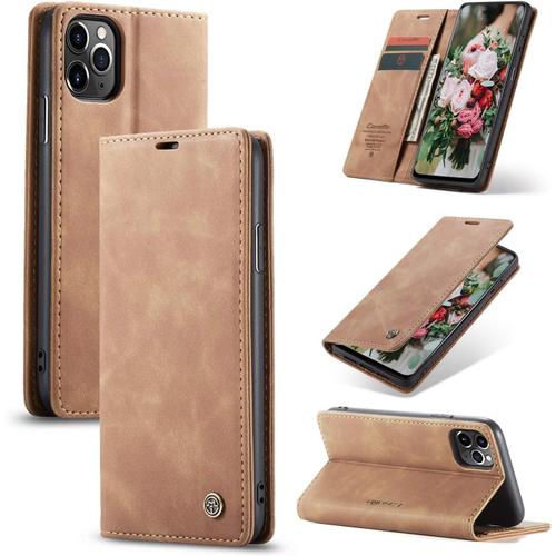 Coque Compatible Avec Iphone 11 Pro 5.8"" Ultra Mince Portefeuille Emplacement Carte Rabat Flip Phone Case Clapet Folio Étui Cuir Pu Housse Et Tpu Bumper Protection Brun