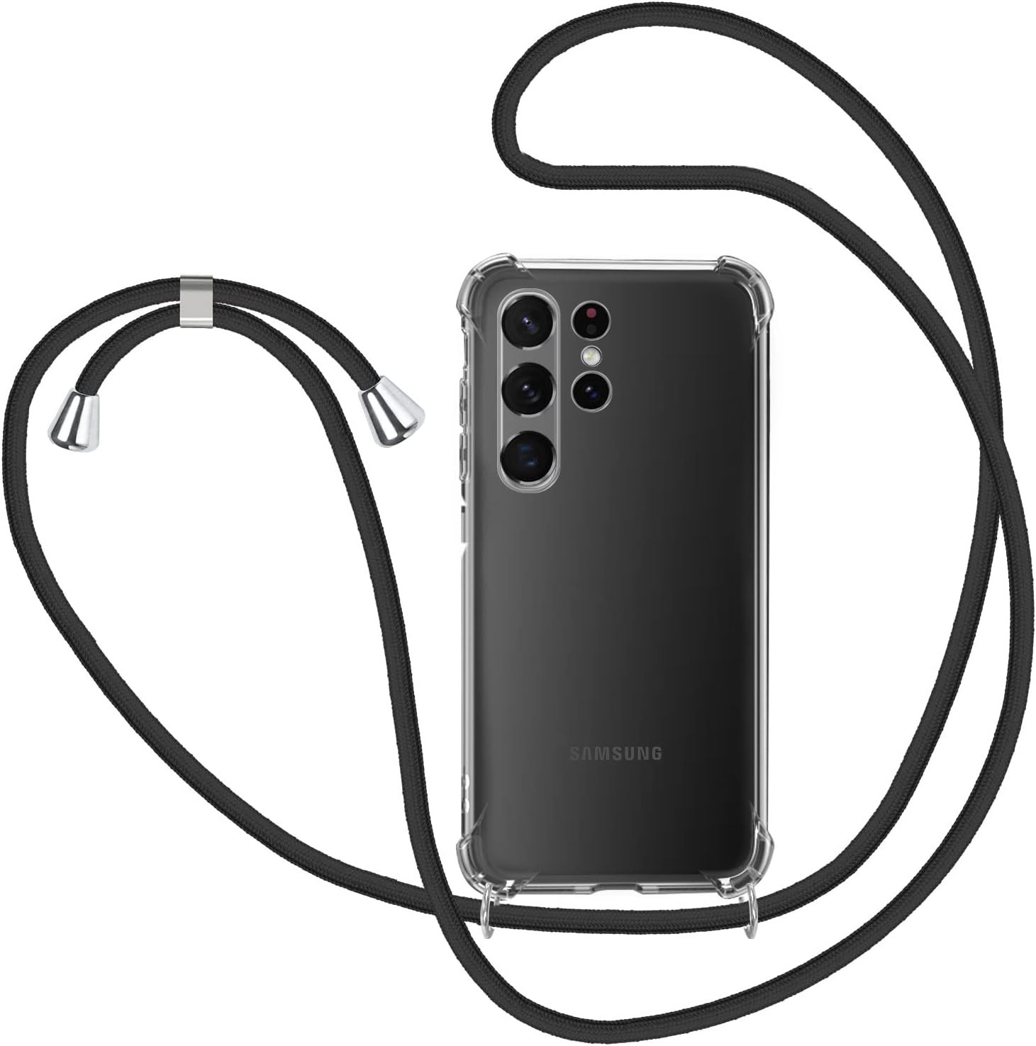 Collier Pour Samsung Galaxy S22 Ultra 5g Coque, Étui Pour Téléphone Avec Cordon Transparente Tpu Bumper Lanyard Case Tour De Cou Cha Ne Cordon Lanière Housse Etui - Noir