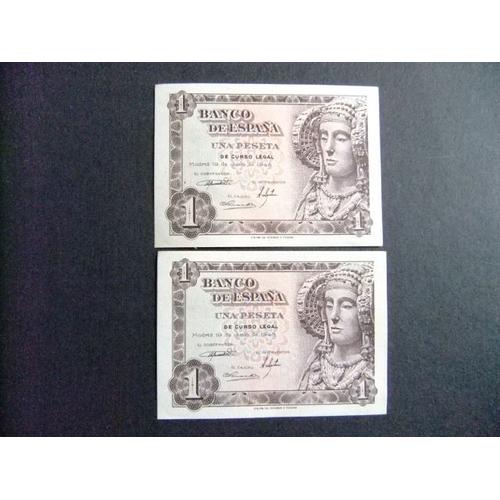 España 2 Billetes De 1 Peseta Dama De Elche M03260559 + M03260560 Madrid 19/6/1948
