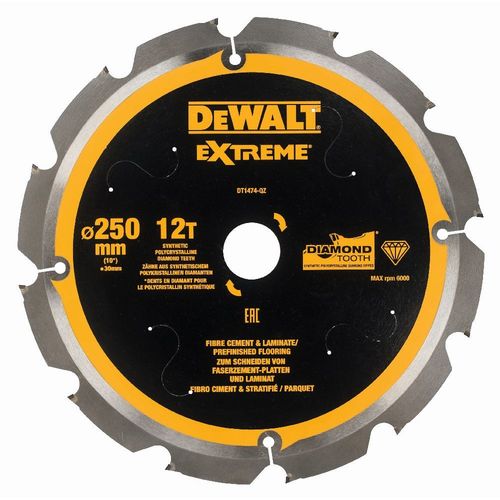 DeWALT Lame denture diamant pour fibre de ciment et laminés, 250x30 mm, 12 dents - DT1474-QZ