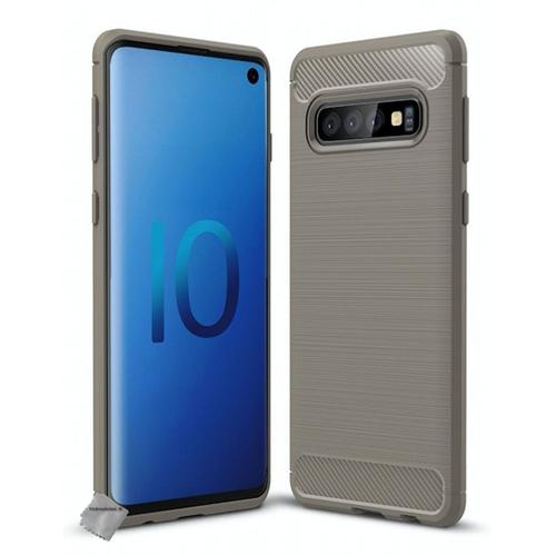 Housse Etui Coque Silicone Gel Carbone Pour Samsung Galaxy S10 + Verre Trempe - Gris