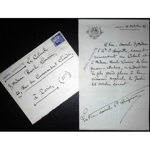 1937 : Lettre Autographe Signée Du Vice Amiral Guépratte (Marine, Dardanelles...)