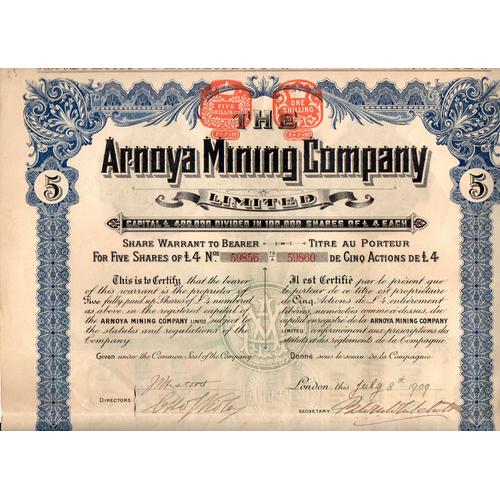 The Arnoya Mining Company Ltd - Titre Au Porteur De Cinq Actions De 4 Livres