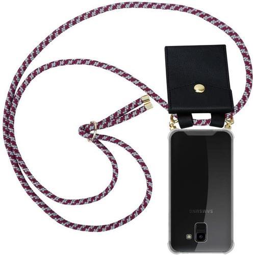 Coque Collier Pour Samsung Galaxy J6 2018 In Rouge Blanc Housse Protection En Silicone Transparent Avec Anneaux Dorés Cordon Pour Mettre Autour De Cou Et Etui Détachable