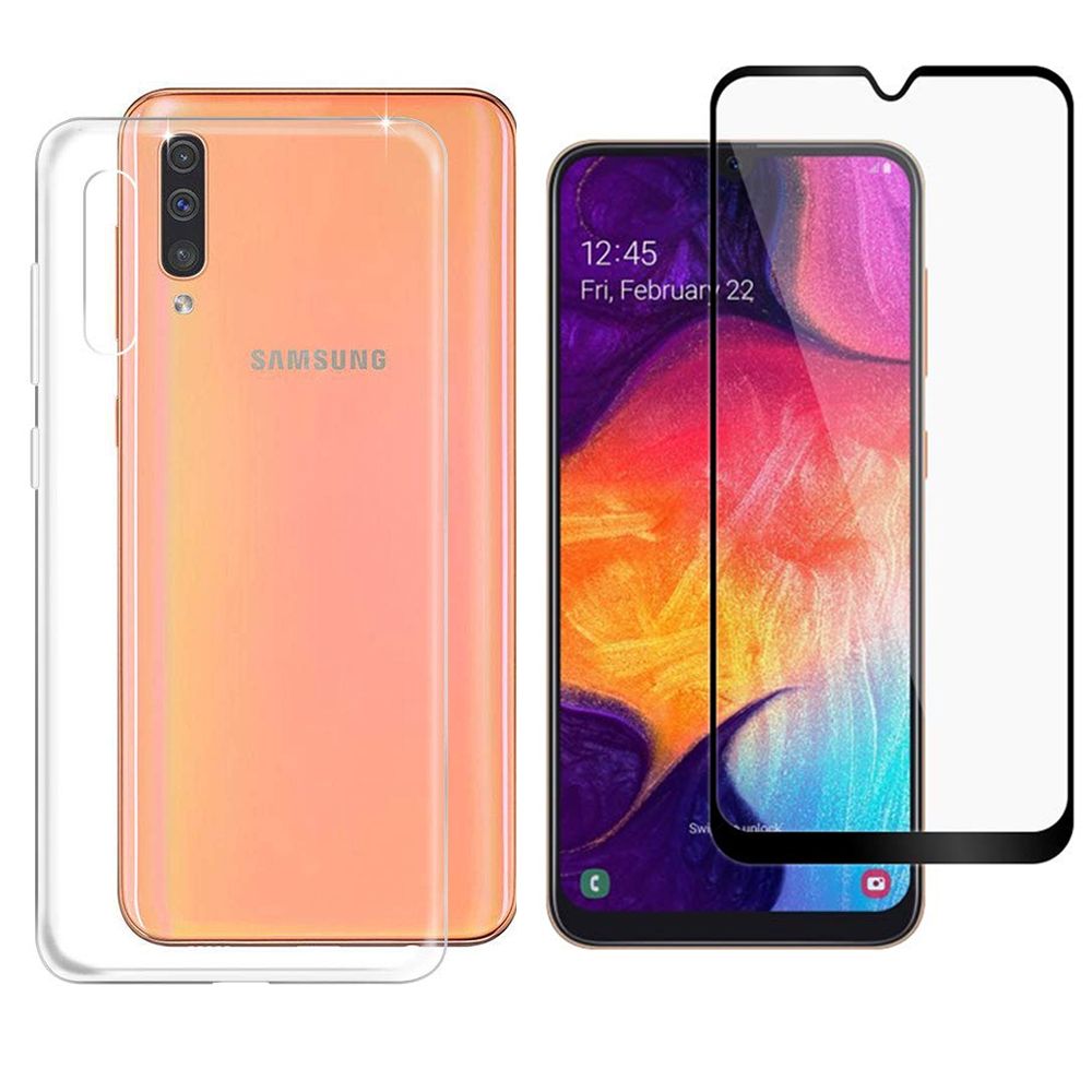 Pack Etui Transparent Pour Samsung Galaxy A50 Coque Gel De Protection Transparente En Tpu Invisible Smartphone 2019 Et Protection Écran Vitre Full Cover Noir - Accessoires Pochette Xeptio Case