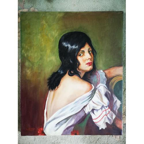 Magnifique Grande Toile Tableau Peinture Portrait De Femme Gitane Signée Gueno