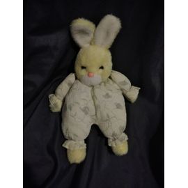 Doudou Peluche Lapin Jaune Tissus Fleurs Blanc Ajena