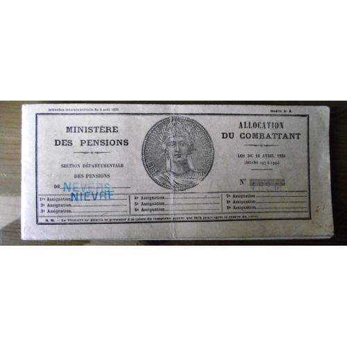 Livret Du Ministère Des Pensions:Allocation Du Combattant Délivré Le 24 Janvier 1930