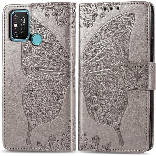 Coque Pour Huawei Honor 9a, Antichoc Housse Étui En Cuir Pu Flip Case Portefeuille À Rabat Avec Motif Papillon Porte Carte Fermeture Magnétique Pour Huawei Honor 9a, Gris