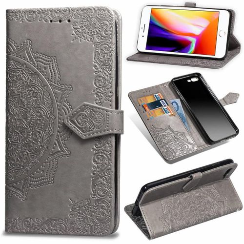 Apple Iphone 7 Plus / 8 Plus Coque, Saturcase Mandala Pu Cuir Magnétique Flip Portefeuille Support Porte-Carte Protecteur Coque Housse Étui Avec Dragonne Pour Apple Iphone 7 Plus / 8 Plus (Gris)