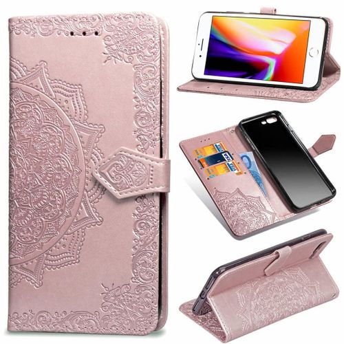 Apple Iphone 7 Plus / 8 Plus Coque, Saturcase Mandala Pu Cuir Magnétique Flip Portefeuille Support Porte-Carte Protecteur Coque Housse Étui Avec Dragonne Pour Apple Iphone 7 Plus / 8 Plus (Or Rose)