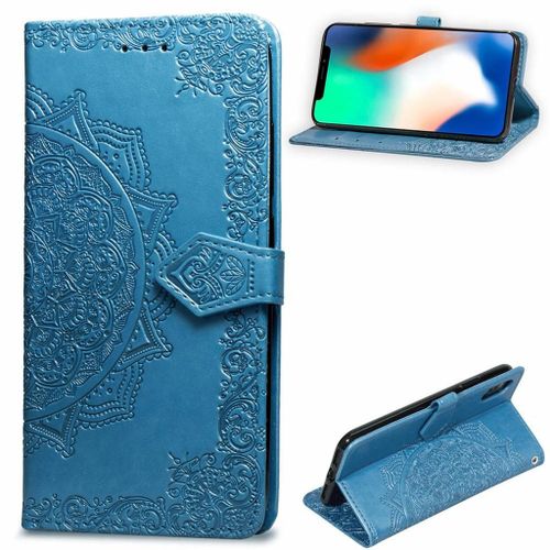 Apple Iphone X / Xs Coque, Saturcase Mandala Gaufrage Pu Cuir Magnétique Flip Portefeuille Support Porte-Carte Protecteur Coque Housse Étui Avec Dragonne Pour Apple Iphone X / Xs (Bleu)