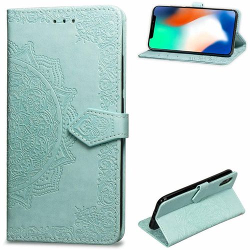 Apple Iphone X / Xs Coque, Saturcase Mandala Gaufrage Pu Cuir Magnétique Flip Portefeuille Support Porte-Carte Protecteur Coque Housse Étui Avec Dragonne Pour Apple Iphone X / Xs (Vert)