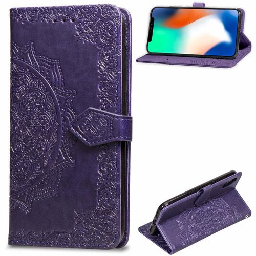 Apple Iphone X / Xs Coque, Saturcase Mandala Gaufrage Pu Cuir Magnétique Flip Portefeuille Support Porte-Carte Protecteur Coque Housse Étui Avec Dragonne Pour Apple Iphone X / Xs (Violet)