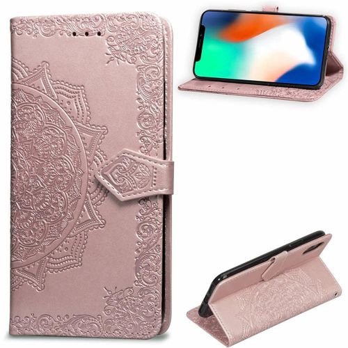 Apple Iphone X / Xs Coque, Saturcase Mandala Gaufrage Pu Cuir Magnétique Flip Portefeuille Support Porte-Carte Protecteur Coque Housse Étui Avec Dragonne Pour Apple Iphone X / Xs (Or Rose)