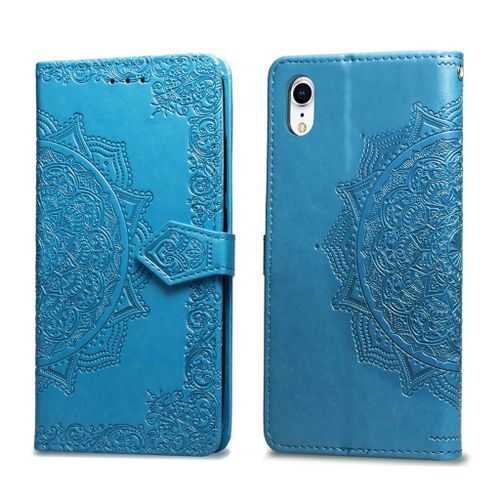 Apple Iphone Xr Coque, Saturcase Mandala Gaufrage Pu Cuir Magnétique Flip Portefeuille Support Porte-Carte Protecteur Coque Housse Étui Avec Dragonne Pour Apple Iphone Xr (Bleu)