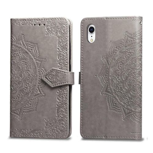 Apple Iphone Xr Coque, Saturcase Mandala Gaufrage Pu Cuir Magnétique Flip Portefeuille Support Porte-Carte Protecteur Coque Housse Étui Avec Dragonne Pour Apple Iphone Xr (Gris)