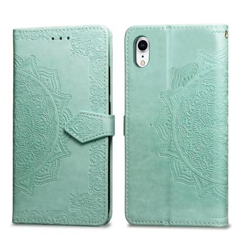 Apple Iphone Xr Coque, Saturcase Mandala Gaufrage Pu Cuir Magnétique Flip Portefeuille Support Porte-Carte Protecteur Coque Housse Étui Avec Dragonne Pour Apple Iphone Xr (Vert)