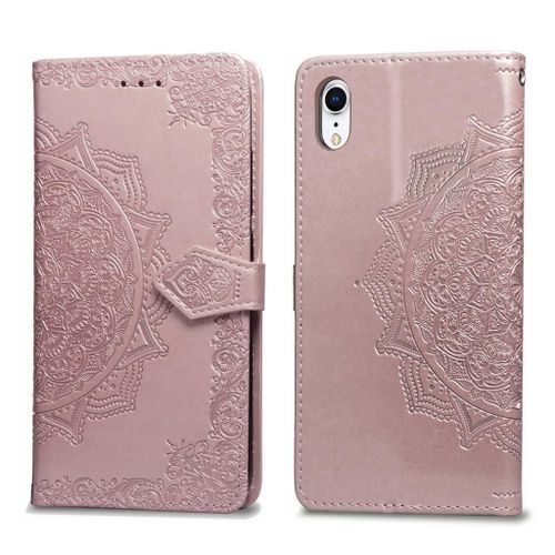 Apple Iphone Xr Coque, Saturcase Mandala Gaufrage Pu Cuir Magnétique Flip Portefeuille Support Porte-Carte Protecteur Coque Housse Étui Avec Dragonne Pour Apple Iphone Xr (Or Rose)